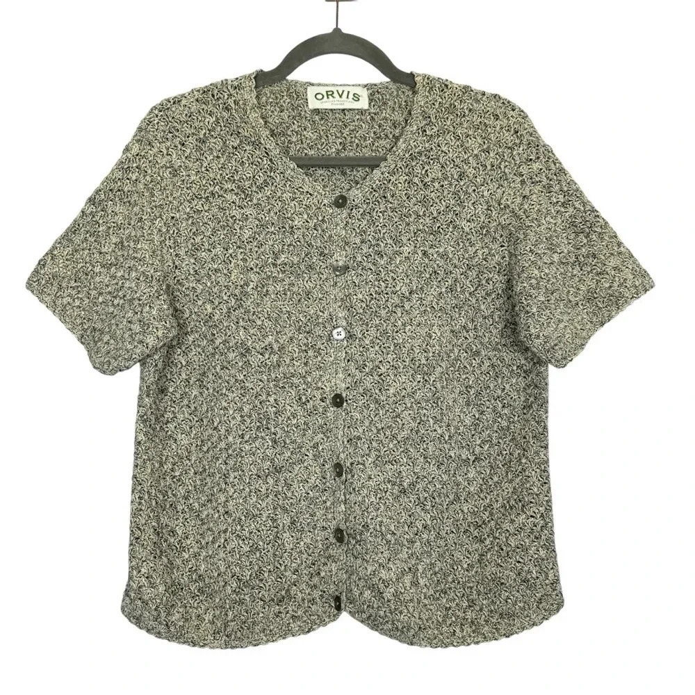 Orvis Womens Short Sleeve Button Up Cardigan Crochet Boucle Knit Sweater Large